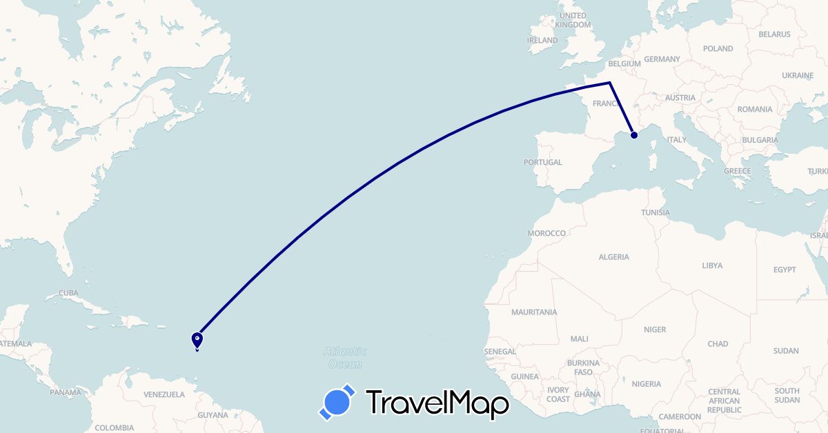 TravelMap itinerary: driving in France, Guadeloupe, Martinique (Europe, North America)